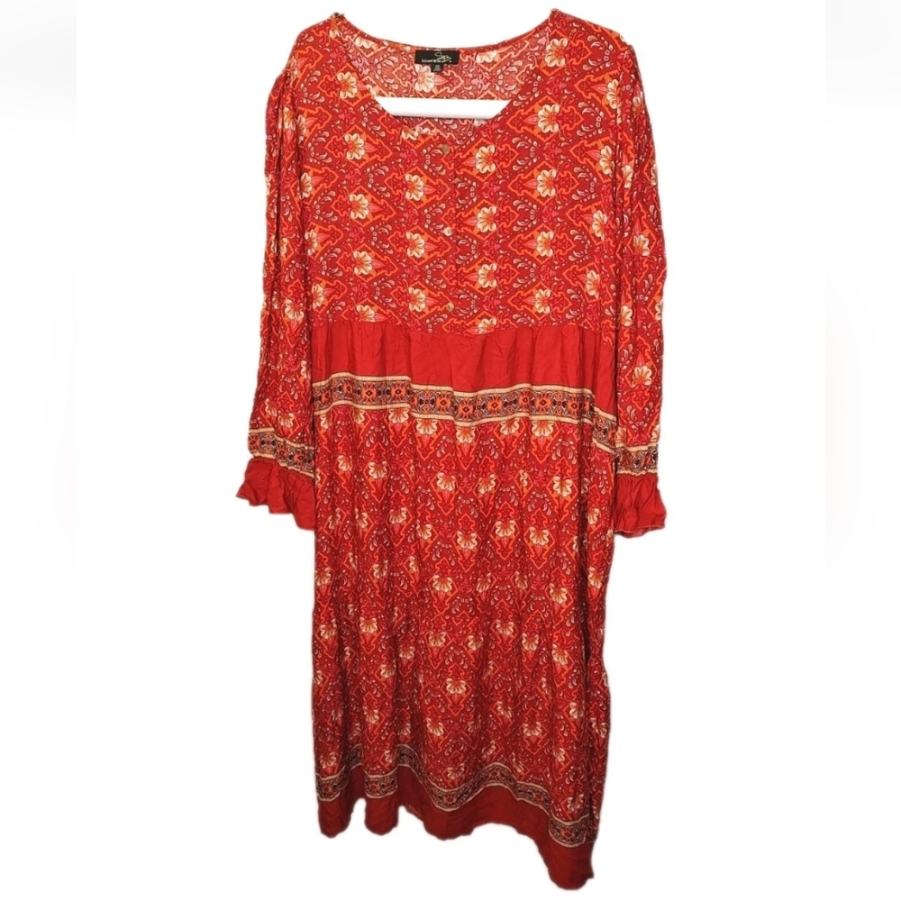 Suzanne Betro Fall Tiered Maxi Dress Woman Plus 3X Orange Red Floral Cottage New
